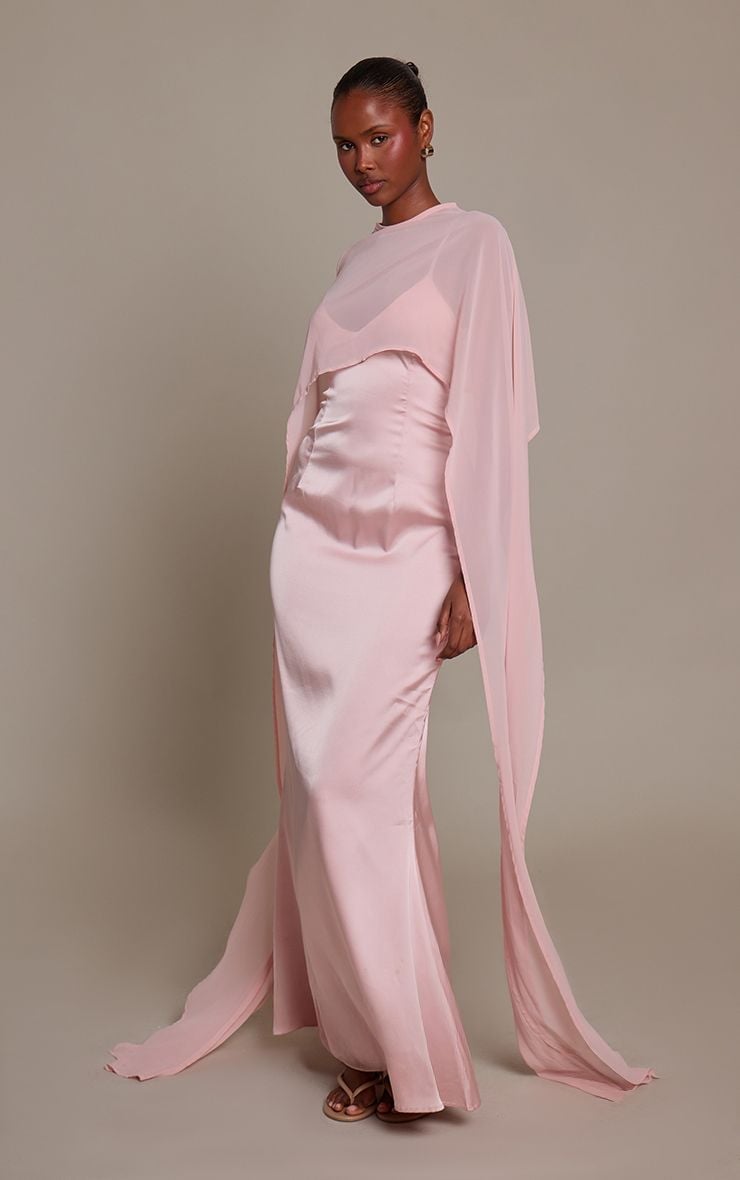 Pale Pink Satin Slip Dress with Sheer Chiffon Cape Pale Pink Satin Slip Dress with Sheer Chiffon Cape — Simple Wedding Guest Outfits