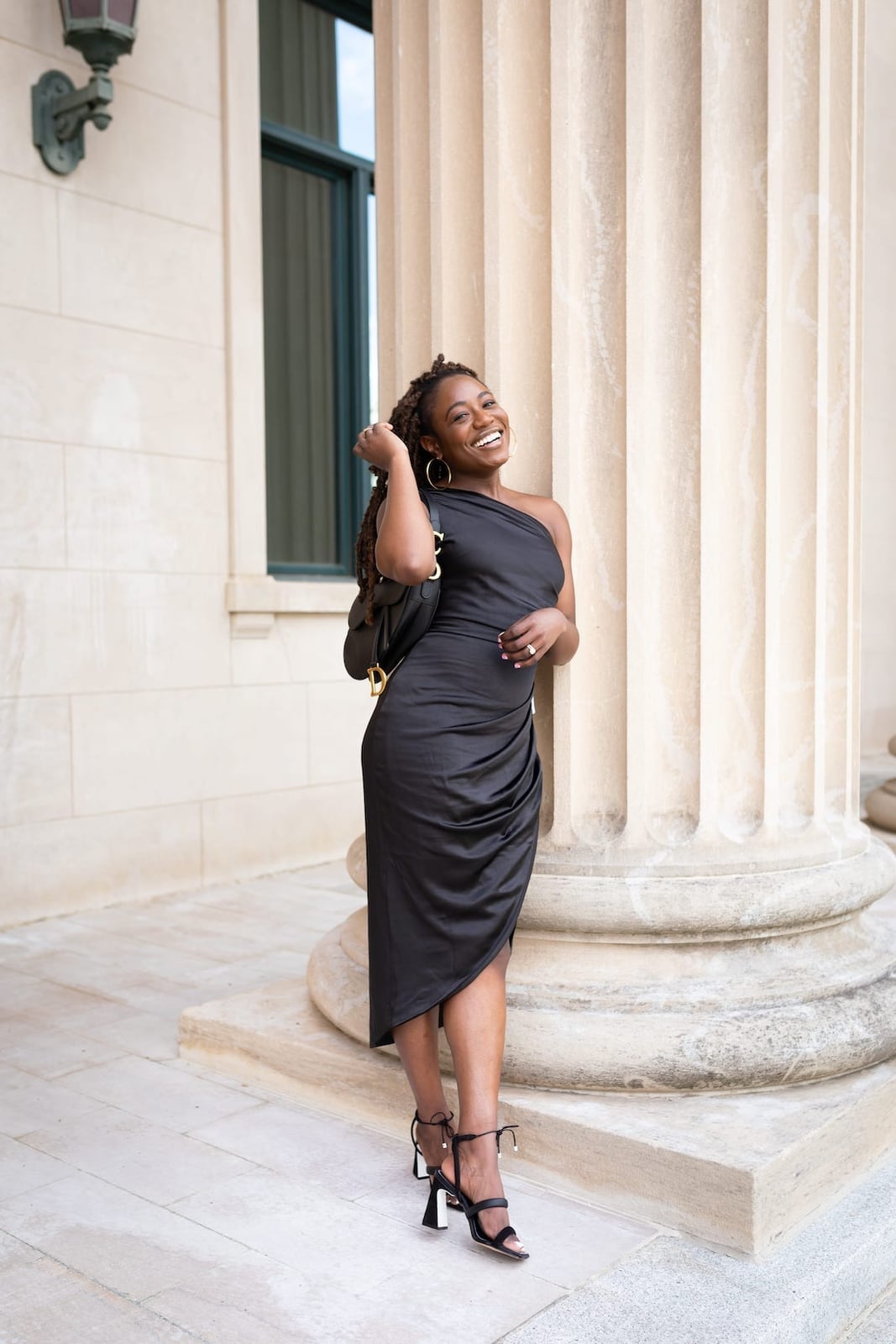 Black One-Shoulder Satin Dress with Ruched Detail Black One-Shoulder Satin Dress with Ruched Detail — Simple Wedding Guest Outfits