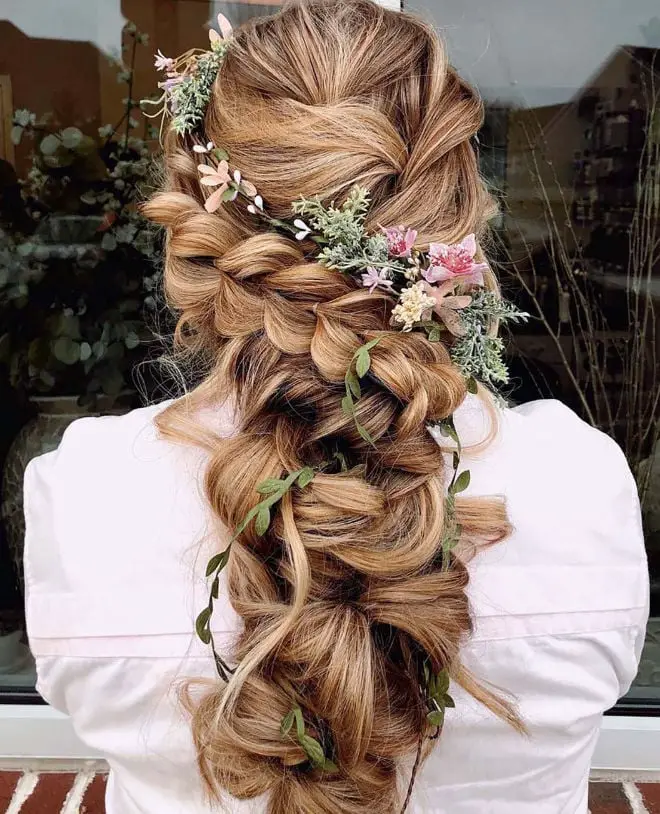 Blonde Waterfall Braid With Flowers — Simple Wedding Hairstyles for Long Hair