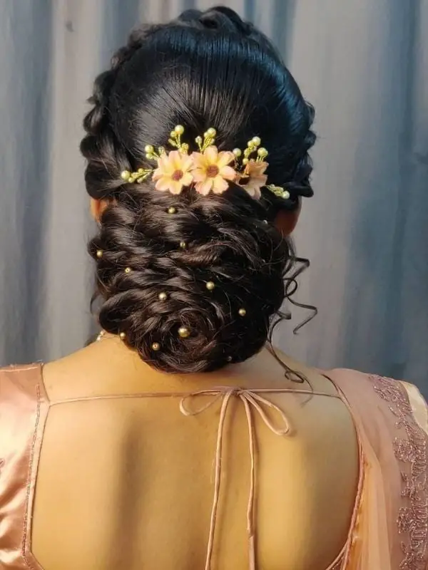 Textured Dark Brown Low Bun With Pearls — Simple Wedding Hairstyles for Long Hair