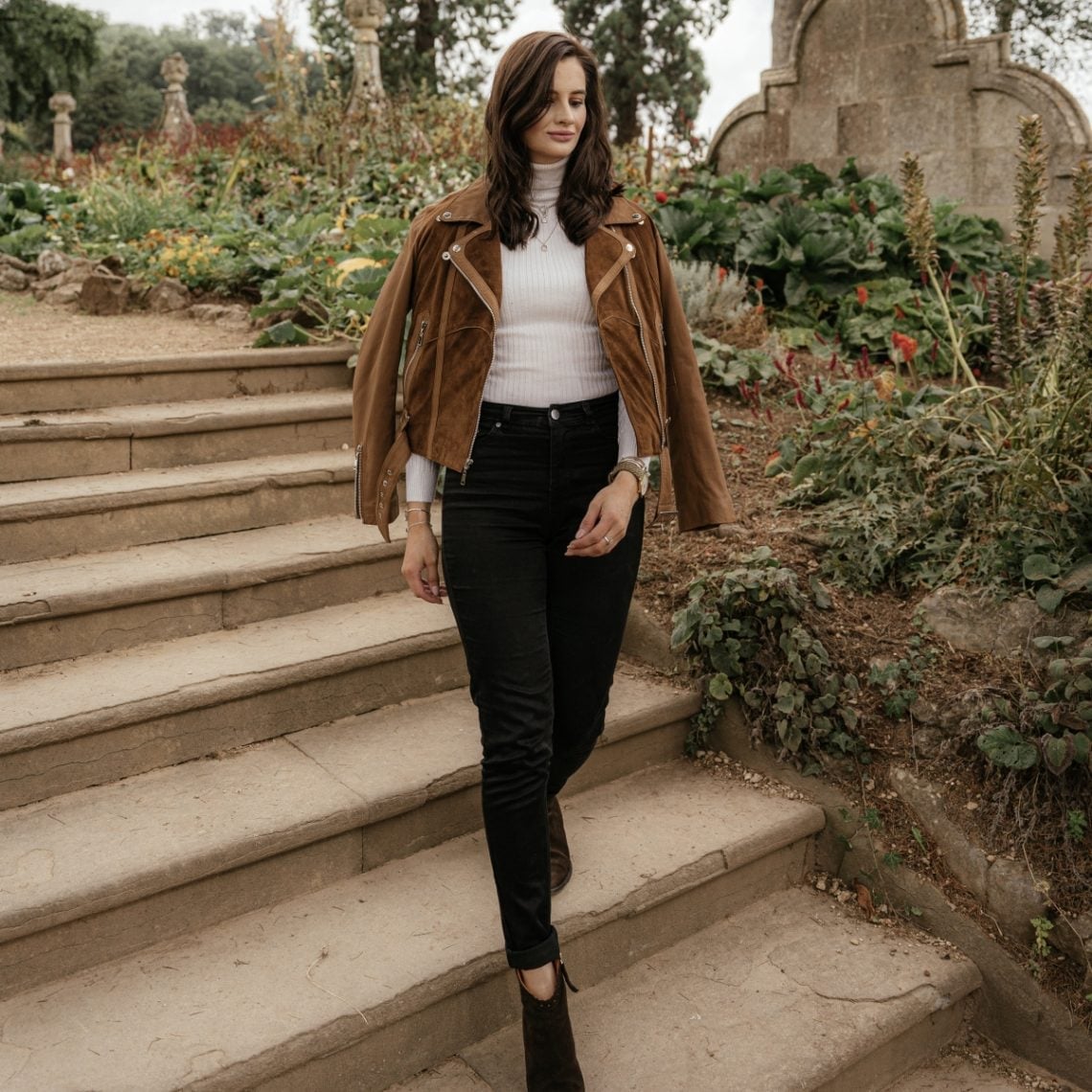 Suede Jacket Draped Over Turtleneck and Jeans Suede Jacket Draped Over Turtleneck and Jeans — Simple Weekend Outfits