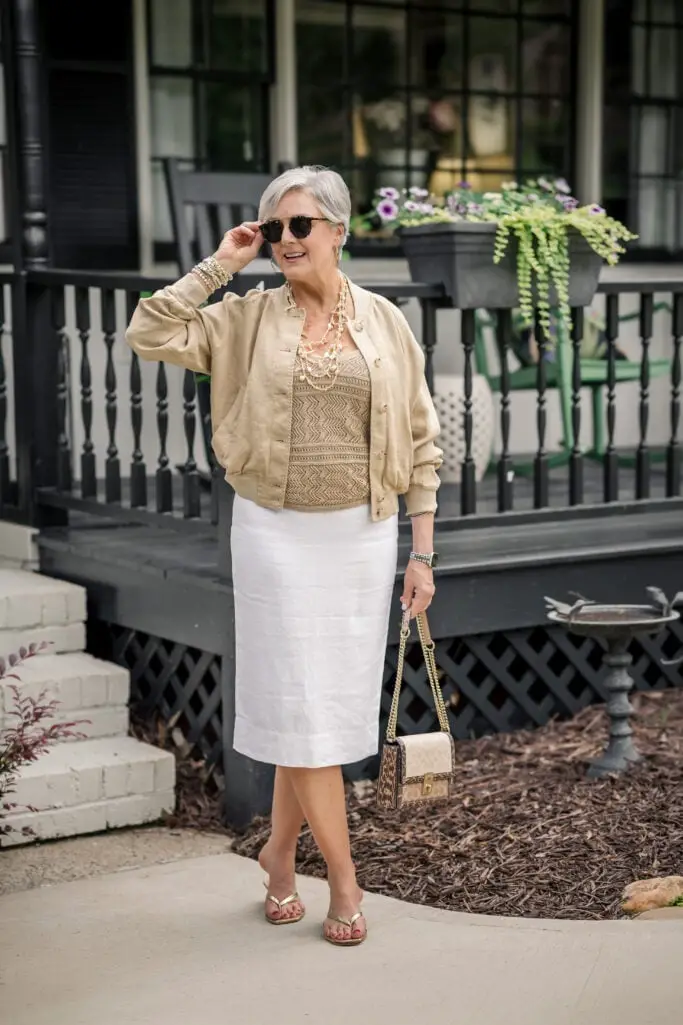 Bomber Jacket Over Camisole and Linen Skirt Bomber Jacket Over Camisole and Linen Skirt — Simple Weekend Outfits