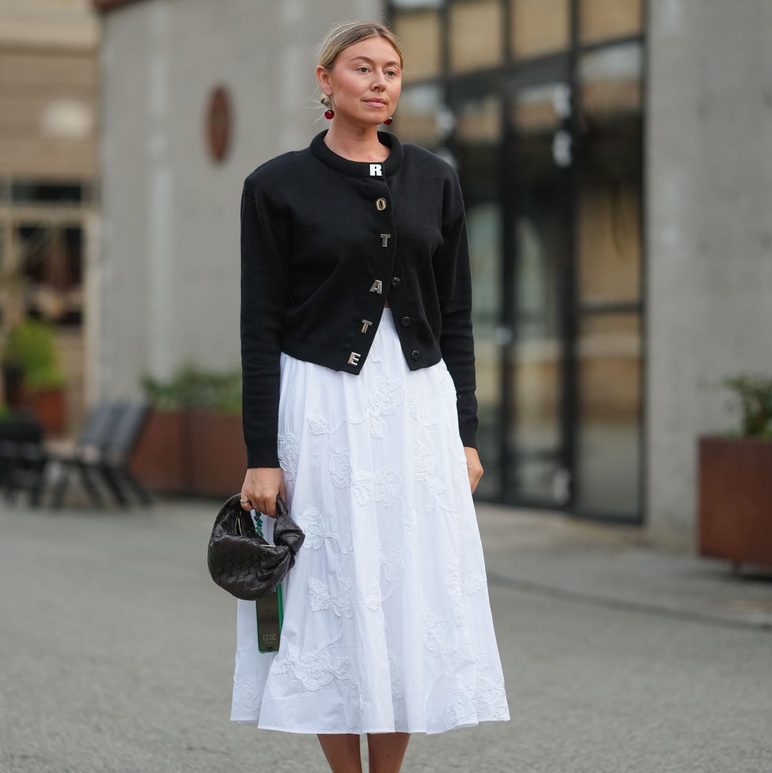 Lace Midi Skirt with Fitted Cardigan and Brown Sandals, Cotton Lace Midi Skirt with Fitted Cardigan and Brown Sandals, Cotton — Simple Weekend Outfits
