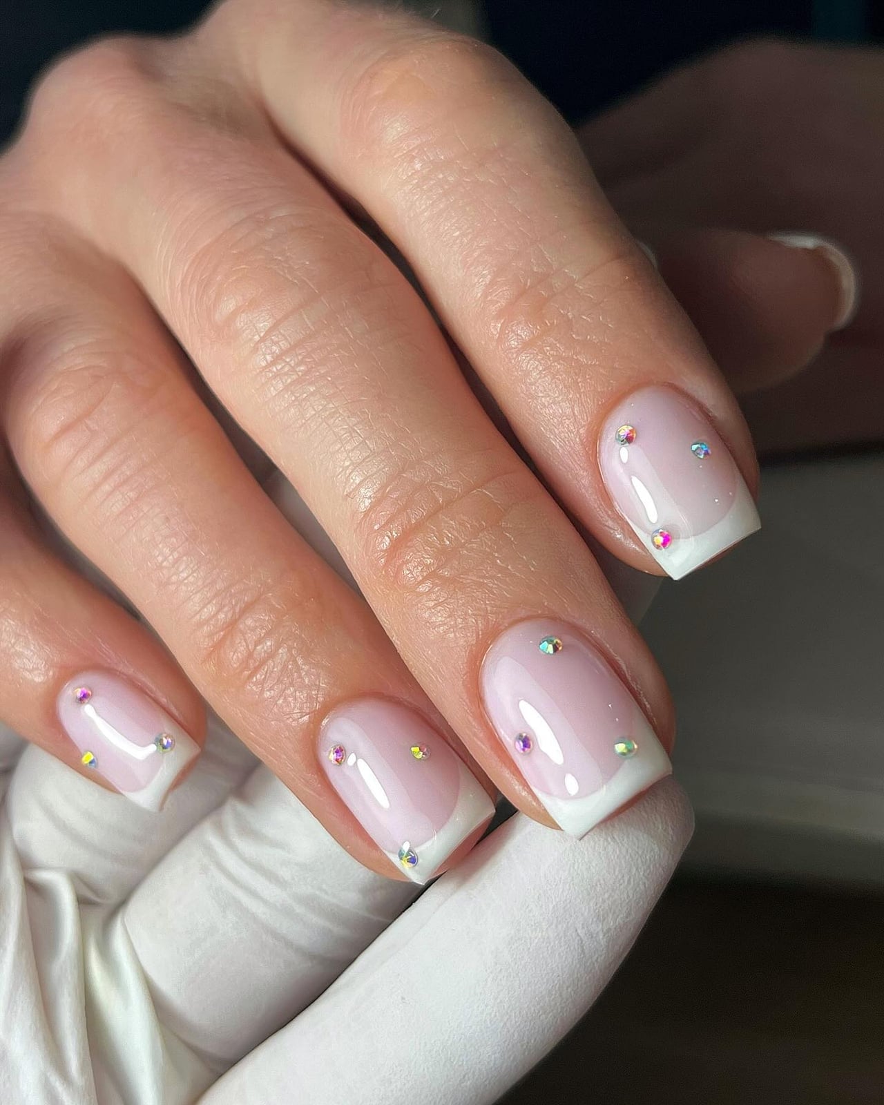 Short Soft Square French With Rhinestones Short Soft Square French With Rhinestones — Simple White French Tip Nails