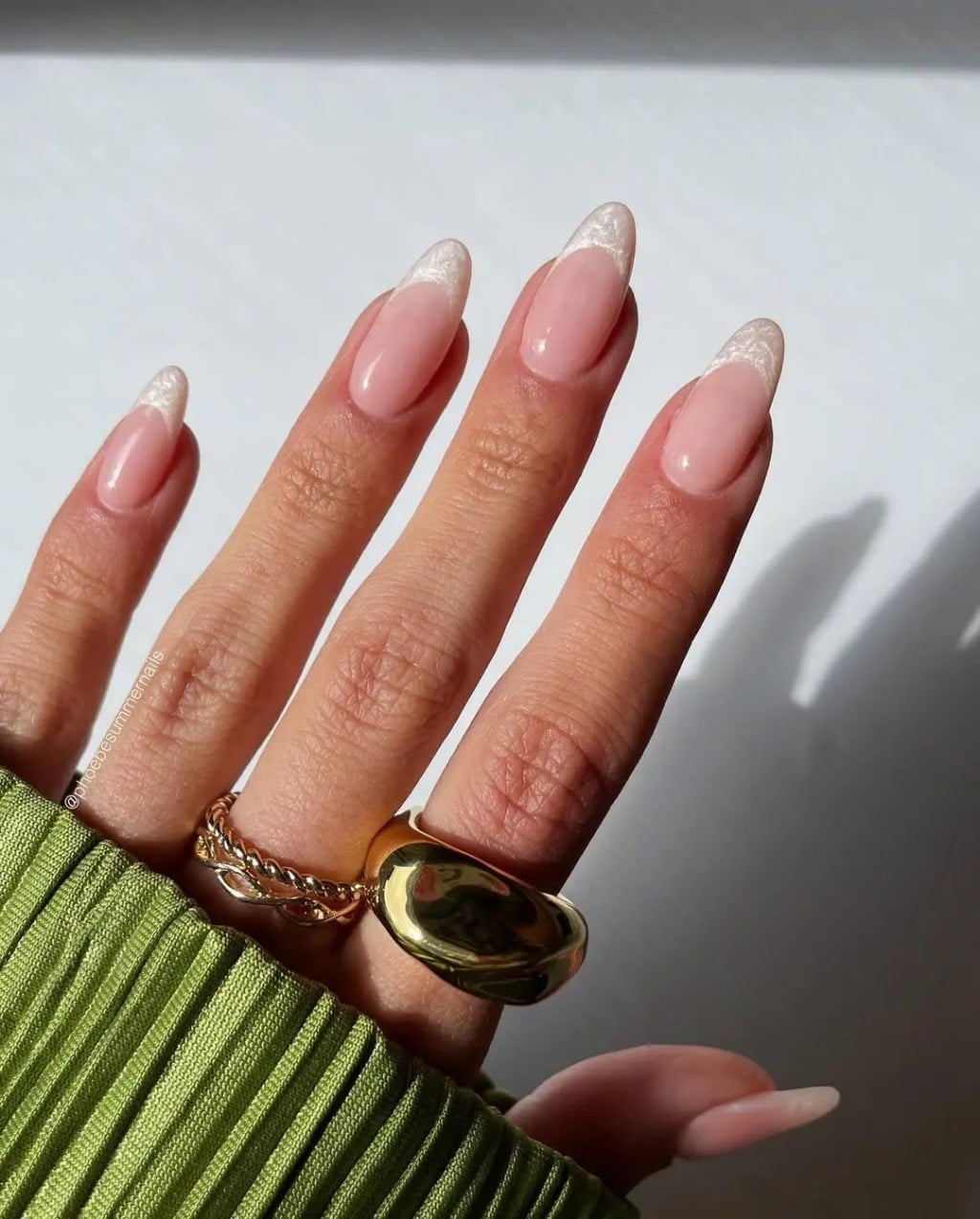 Almond French With Subtle Gold Foil, Glossy Almond French With Subtle Gold Foil, Glossy — Simple White French Tip Nails
