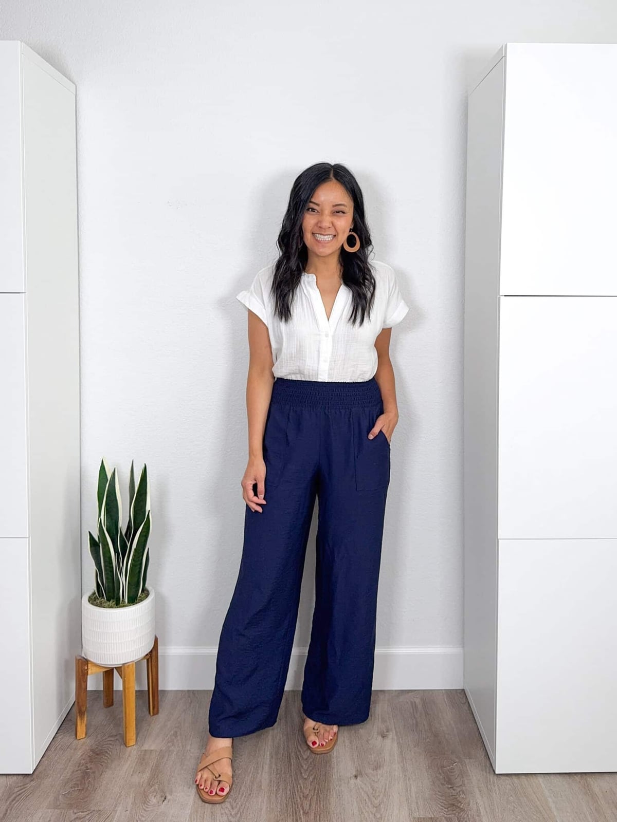 Textured White Blouse With Navy Pants Textured White Blouse With Navy Pants — Simple White Top Outfits