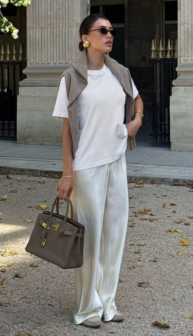 Casual White Tee With Draped Sweater Casual White Tee With Draped Sweater — Simple White Top Outfits