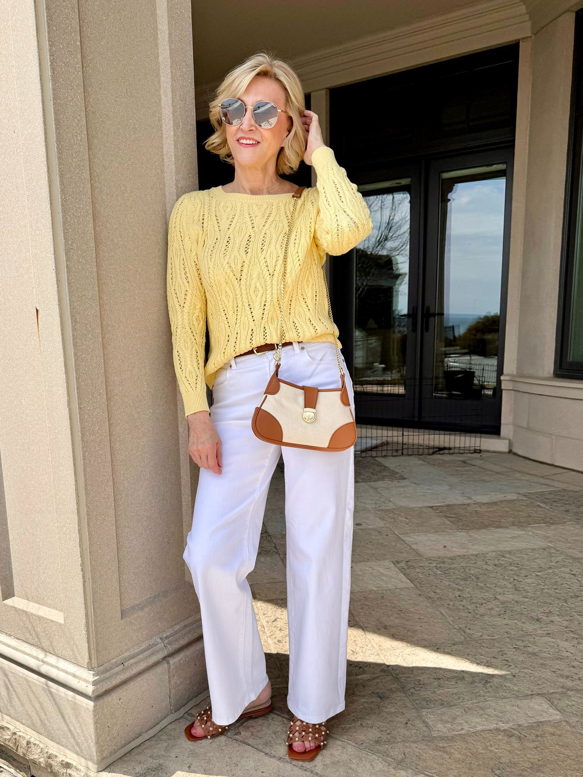 Yellow Cable Knit Sweater and Tan Sandals with White Wide Leg Jeans Yellow Cable Knit Sweater and Tan Sandals with White Wide Leg Jeans — Simple Wide Leg Jeans Outfits