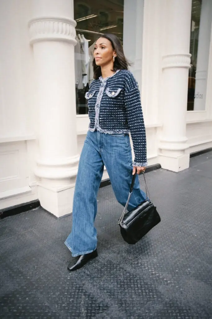 Boucle Jacket and Black Boots with Medium Wash Wide Leg Jeans Boucle Jacket and Black Boots with Medium Wash Wide Leg Jeans — Simple Wide Leg Jeans Outfits