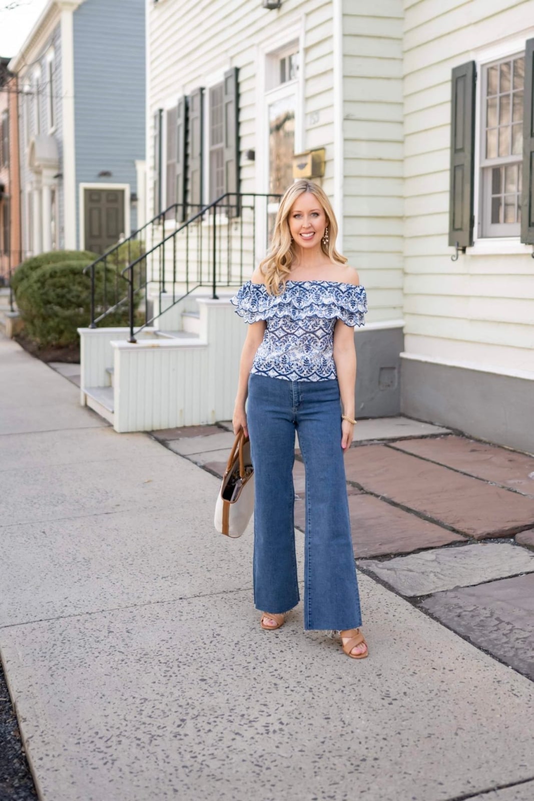 Patterned Off-the-Shoulder Top and Tan Sandals with Medium Blue Wide Patterned Off-the-Shoulder Top and Tan Sandals with Medium Blue Wide — Simple Wide Leg Jeans Outfits