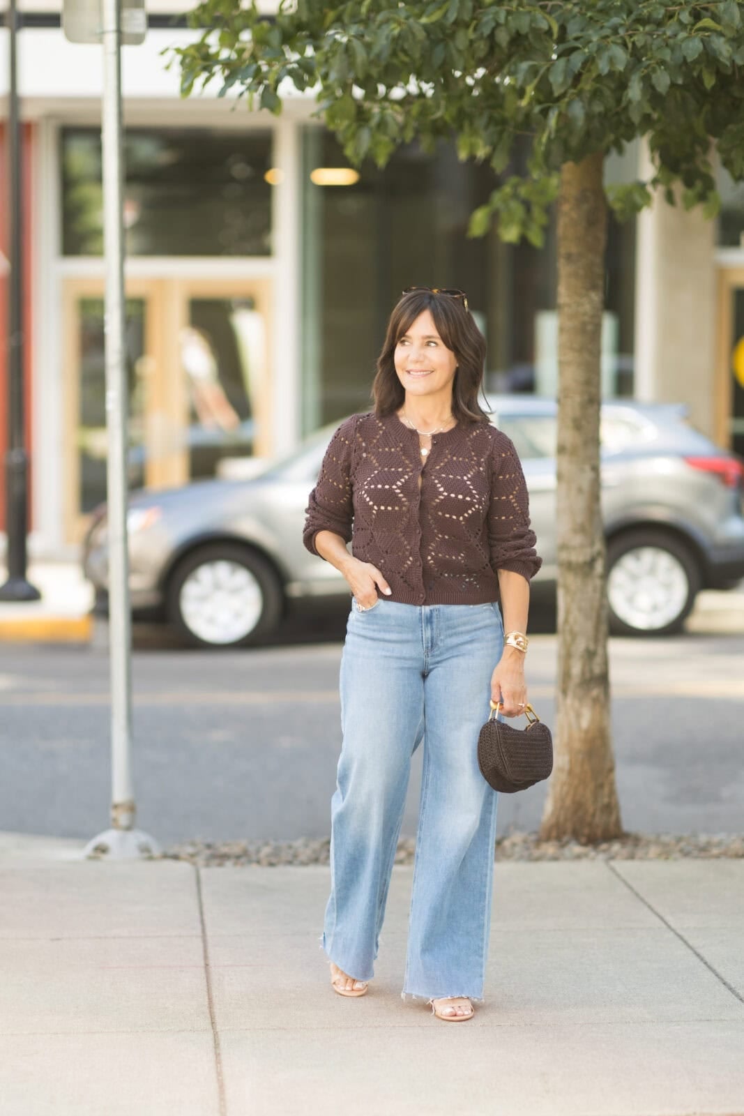 Crocheted Cardigan and Flat Sandals with Light Wash Wide Leg Jeans Crocheted Cardigan and Flat Sandals with Light Wash Wide Leg Jeans — Simple Wide Leg Jeans Outfits