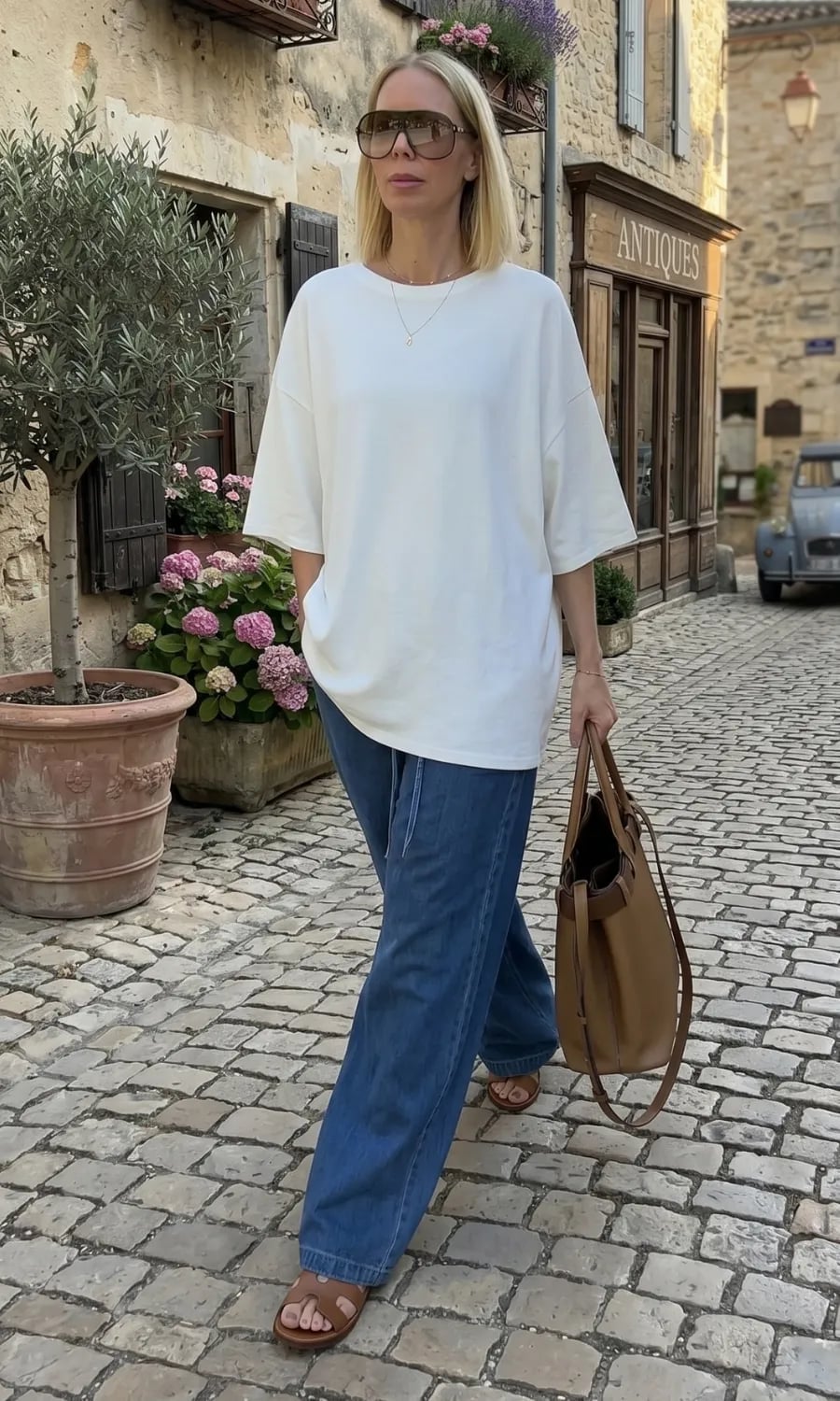 Oversized White Tee and Brown Sandals with Dark Wash Wide Leg Jeans Oversized White Tee and Brown Sandals with Dark Wash Wide Leg Jeans — Simple Wide Leg Jeans Outfits