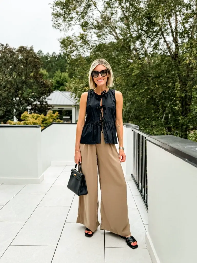 Beige Wide Leg Trousers With Black Tie-Front Top Beige Wide Leg Trousers With Black Tie-Front Top — Simple Wide Leg Pants Outfits