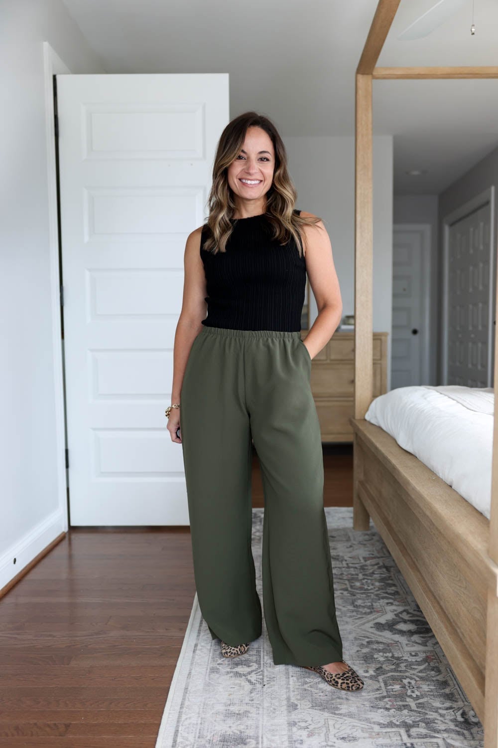 Olive Green Wide Leg Trousers With Black Ribbed Top Olive Green Wide Leg Trousers With Black Ribbed Top — Simple Wide Leg Pants Outfits