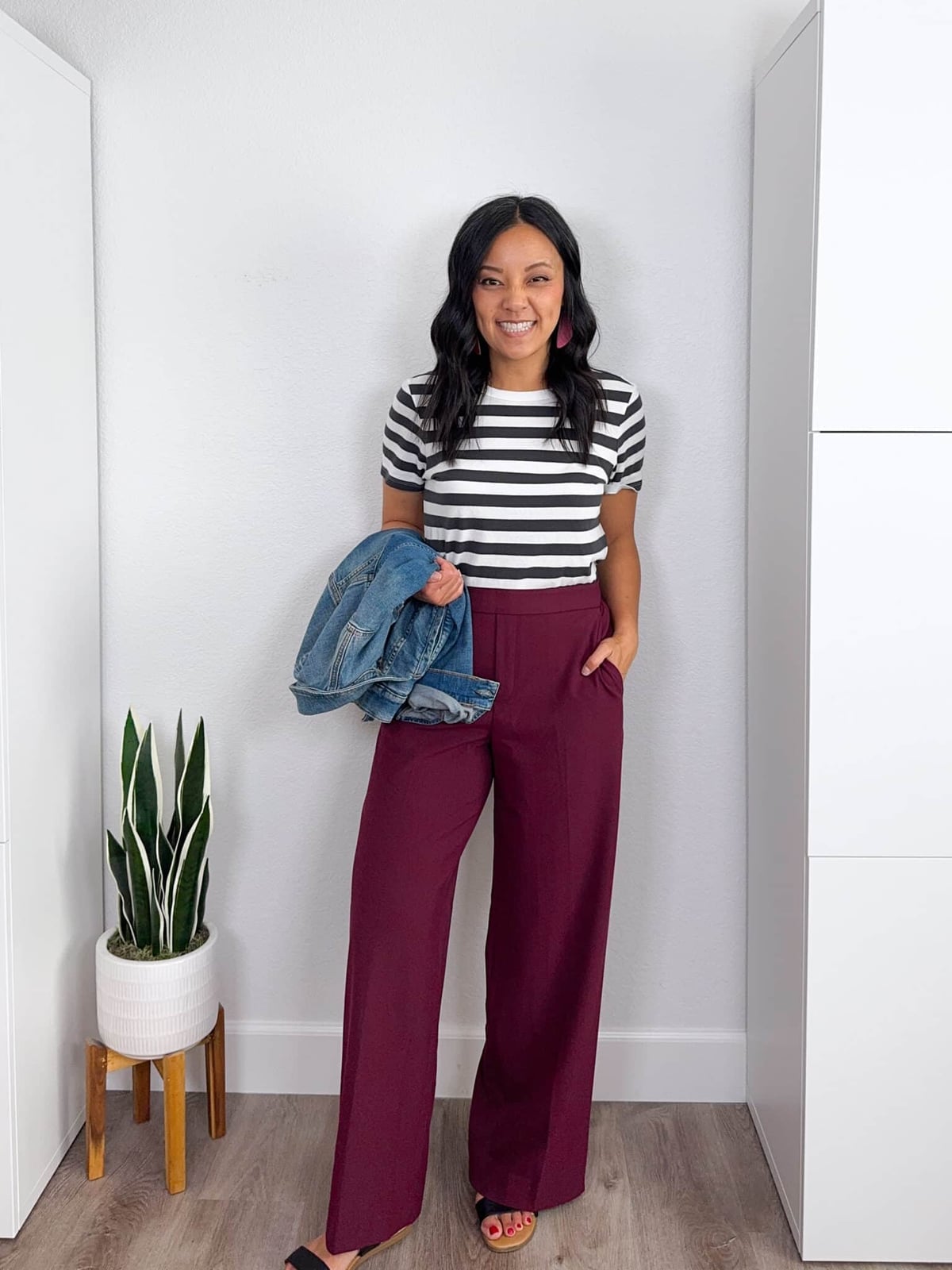 Burgundy Wide Leg Trousers With Striped T-Shirt Burgundy Wide Leg Trousers With Striped T-Shirt — Simple Wide Leg Pants Outfits