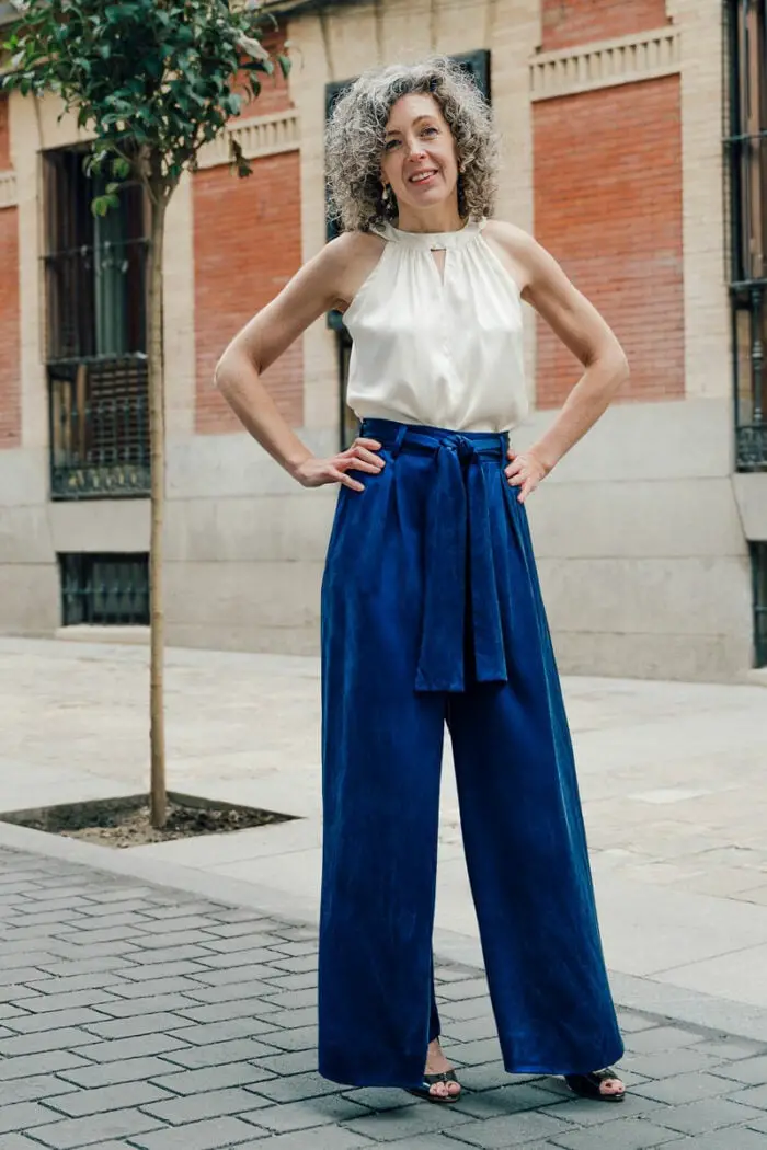 Royal Blue Wide Leg Trousers With White Halter Top Royal Blue Wide Leg Trousers With White Halter Top — Simple Wide Leg Pants Outfits