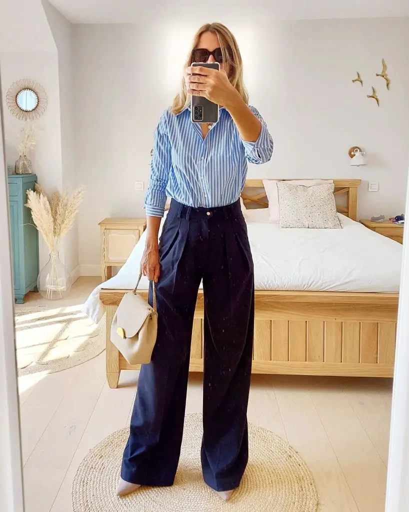 Navy Wide Leg Trousers With Striped Button-Down Shirt Navy Wide Leg Trousers With Striped Button-Down Shirt — Simple Wide Leg Pants Outfits