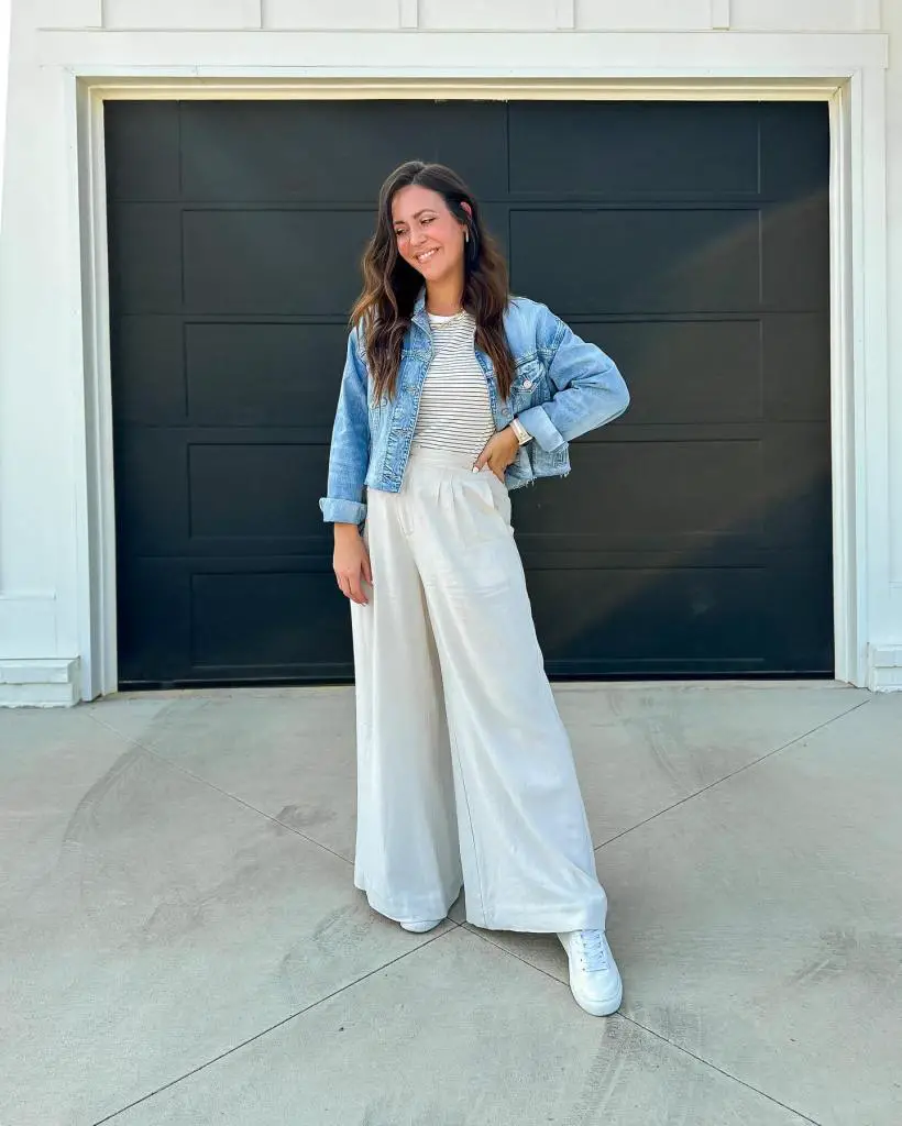 Beige Wide Leg Linen Pants With Striped T-Shirt and Denim Jacket Beige Wide Leg Linen Pants With Striped T-Shirt and Denim Jacket — Simple Wide Leg Pants Outfits