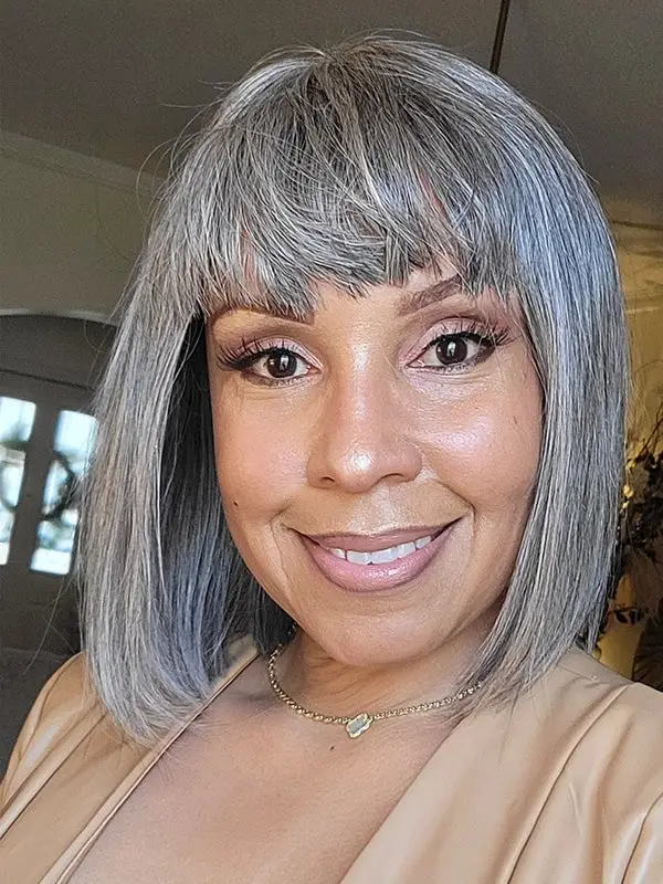 Salt and Pepper Chin Bob With Blunt Bangs — Simple Wig Hair