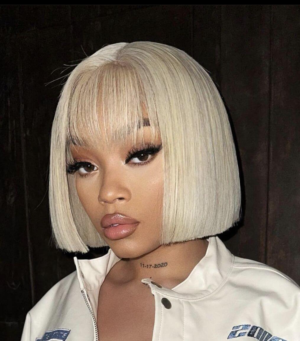 Chin Length Bob With Blunt Platinum Bangs Chin Length Bob With Blunt Platinum Bangs — Simple Wig Styles