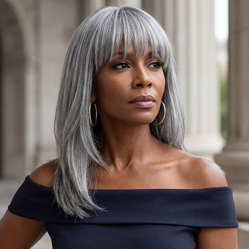 Beginner-Friendly Salt & Pepper Human Hair Straight Glueless Layered Wig With Bangs For Women – Soul Lady