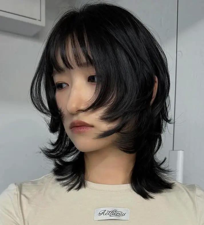 Black Collarbone Wolf Cut With Curtain Bangs Black Collarbone Wolf Cut With Curtain Bangs — Simple Wolf Cut Hair