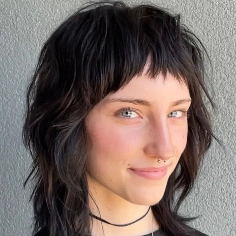 Shoulder Length Dark Brown Wolf Cut With Choppy Bangs Shoulder Length Dark Brown Wolf Cut With Choppy Bangs — Simple Wolf Cut Hair