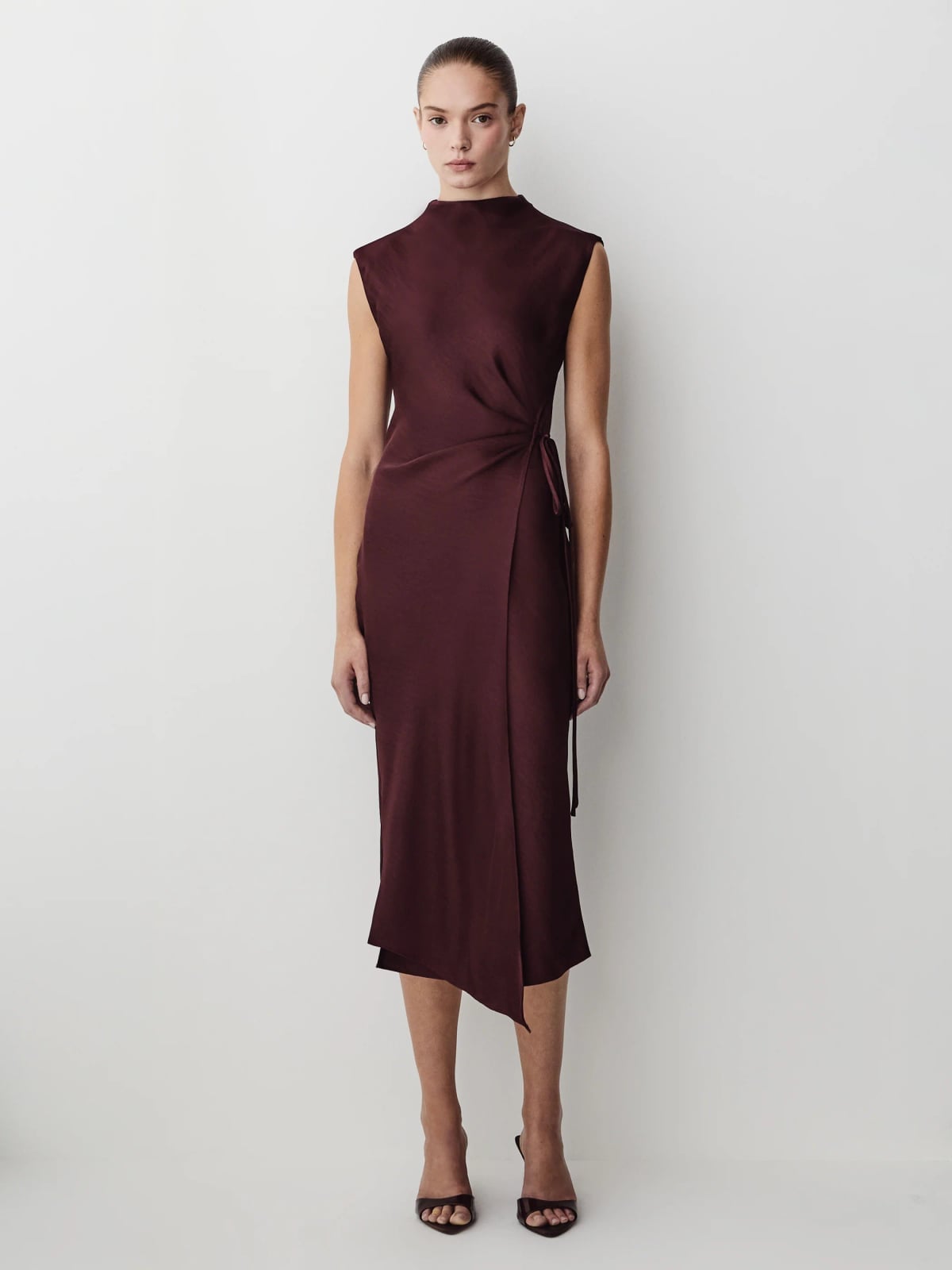 Burgundy Wrap Midi Dress With Asymmetrical Hem Burgundy Wrap Midi Dress With Asymmetrical Hem — Simple Work Dresses