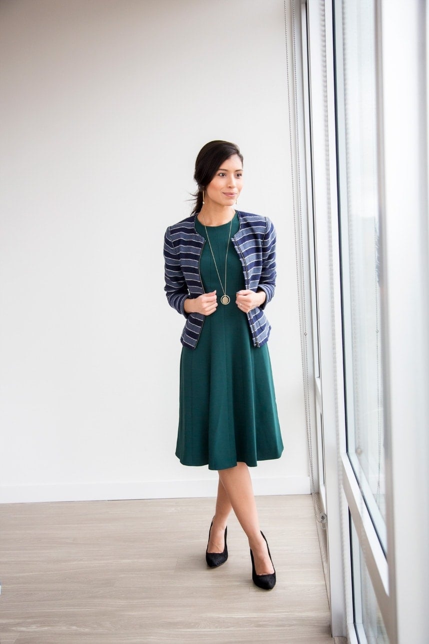 Green A-line Dress With Striped Blazer Green A-line Dress With Striped Blazer — Simple Work Dresses