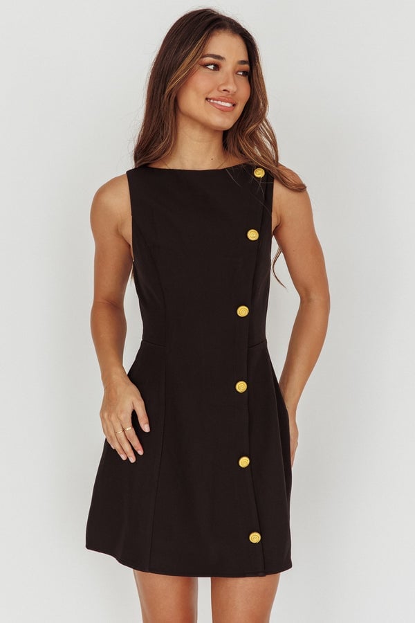 Black A-line Dress With Gold Button Detail Black A-line Dress With Gold Button Detail — Simple Work Dresses