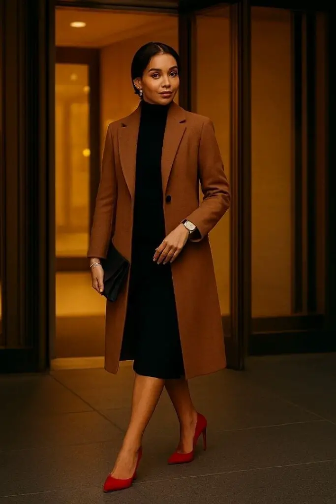 Black Turtleneck Dress With Camel Coat and Red Pointed-Toe Pumps Black Turtleneck Dress With Camel Coat and Red Pointed-Toe Pumps — Simple Work Dresses