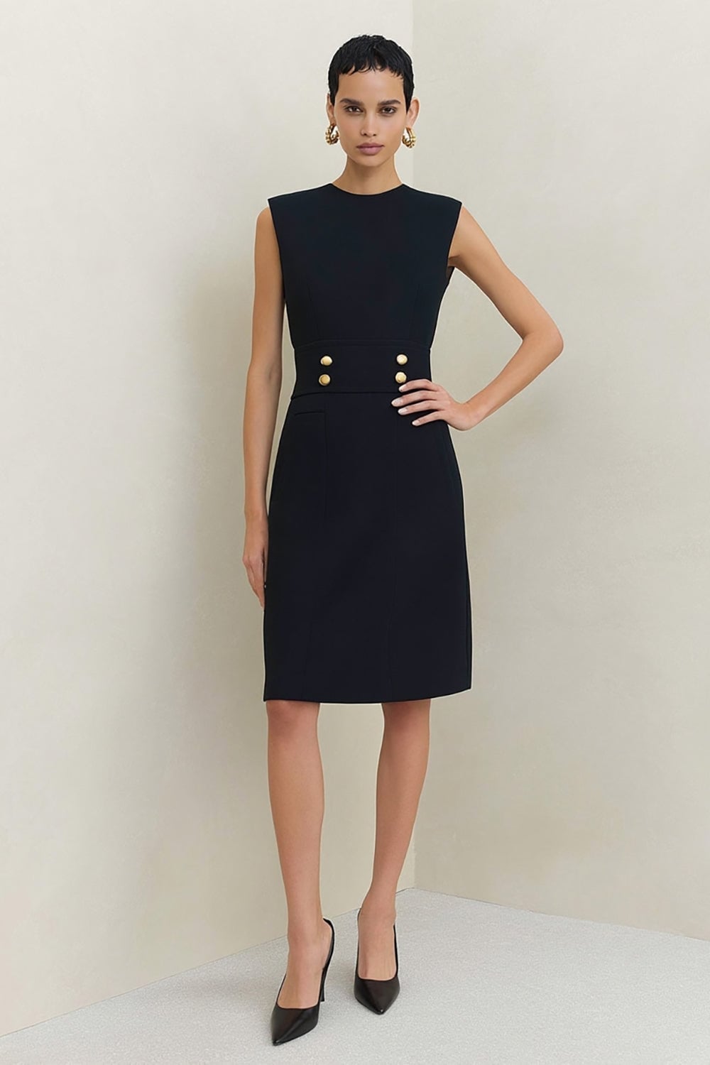 Black Sleeveless Sheath With Gold Button Detail Black Sleeveless Sheath With Gold Button Detail — Simple Work Dresses