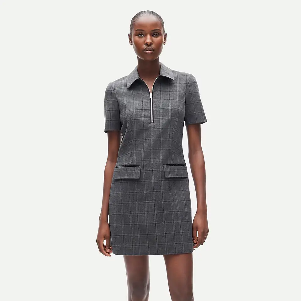 Gray Plaid Shift Dress With Quarter Zip Gray Plaid Shift Dress With Quarter Zip — Simple Work Dresses