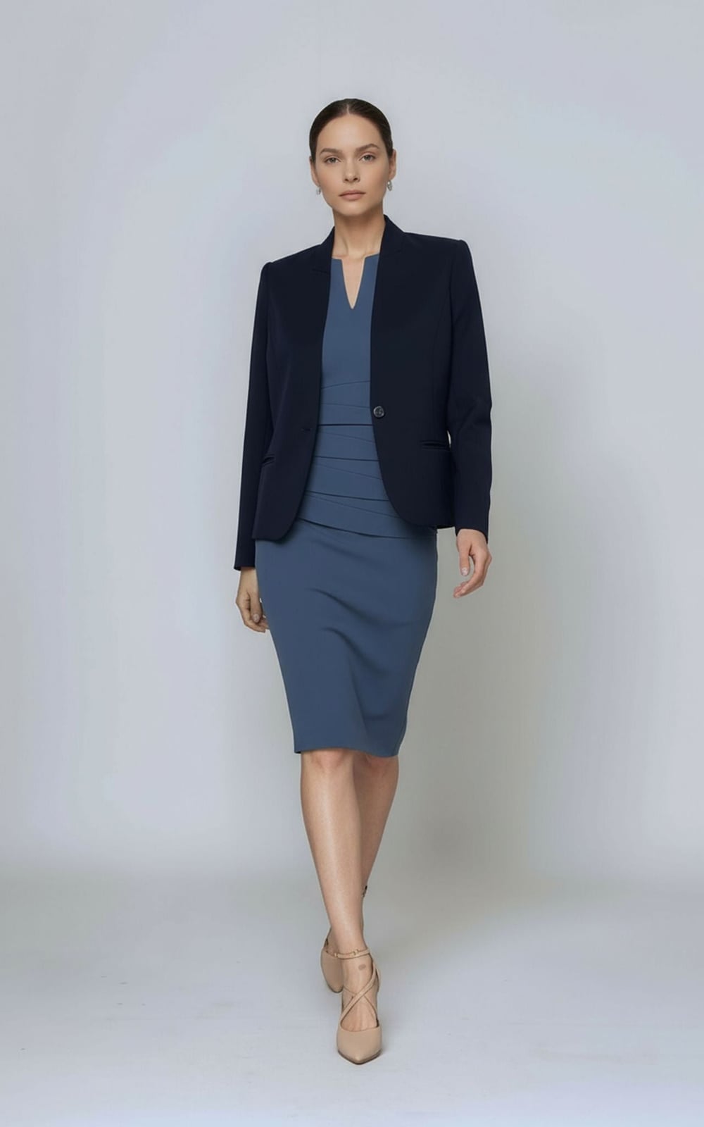 Blue Ruched Sheath Dress With Navy Blazer Blue Ruched Sheath Dress With Navy Blazer — Simple Work Dresses