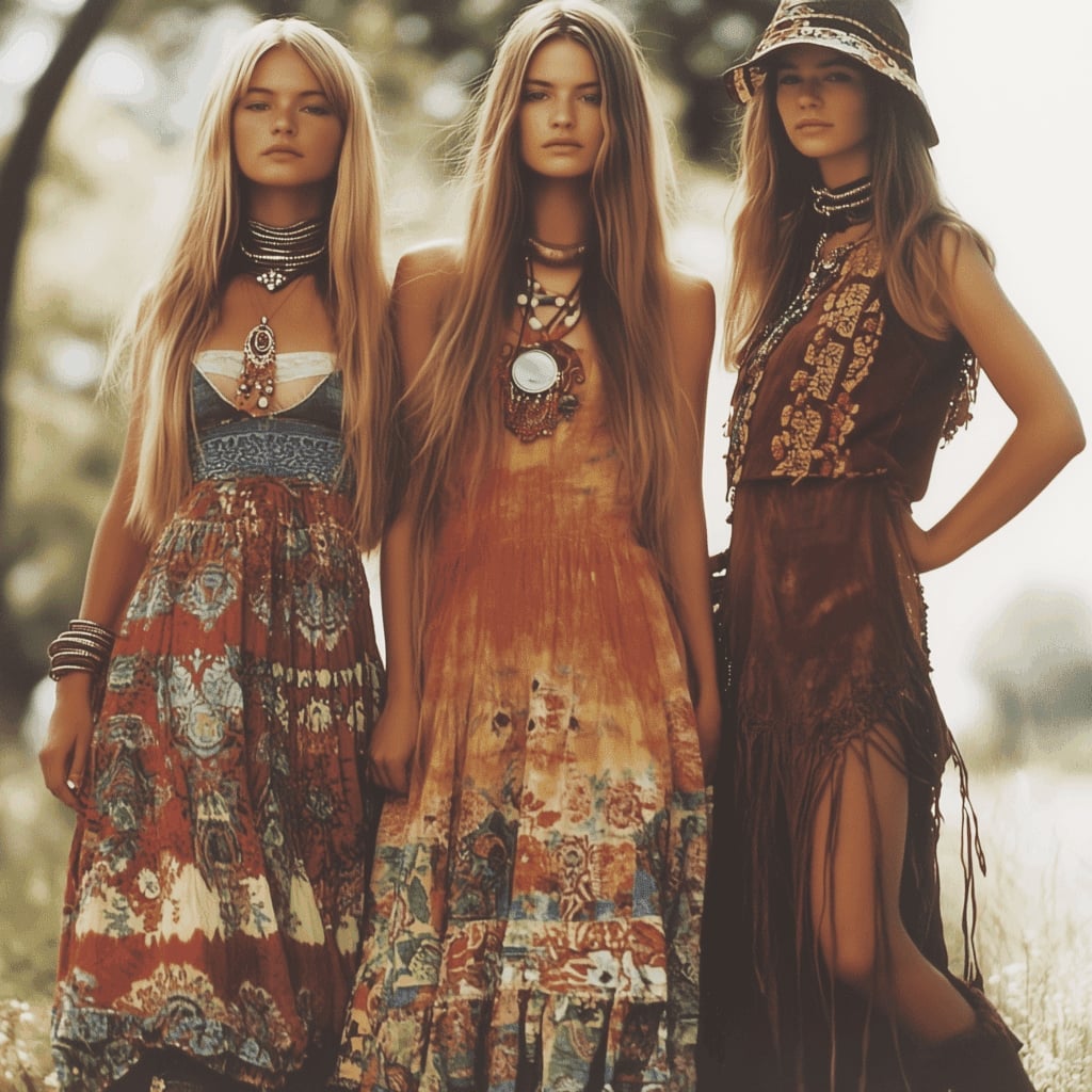 Maxi Dress with Denim Bustier and Necklaces Maxi Dress with Denim Bustier and Necklaces — Trendy 70s Style