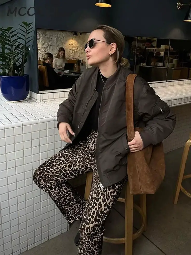 Leopard Print Pants With Satin Bomber Jacket Leopard Print Pants With Satin Bomber Jacket — Trendy Animal Print Outfits