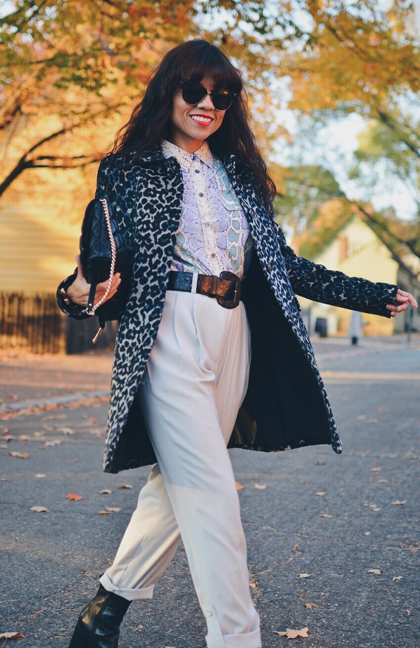 Leopard Print Coat Over Snakeskin Blouse Leopard Print Coat Over Snakeskin Blouse — Trendy Animal Print Outfits