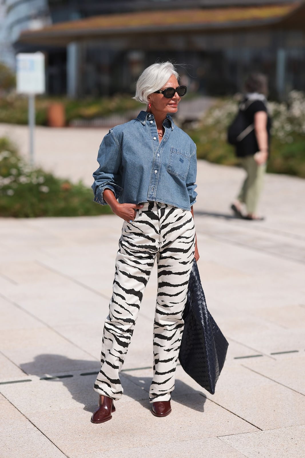 Zebra Print Trousers With Cropped Denim Shirt Zebra Print Trousers With Cropped Denim Shirt — Trendy Animal Print Outfits