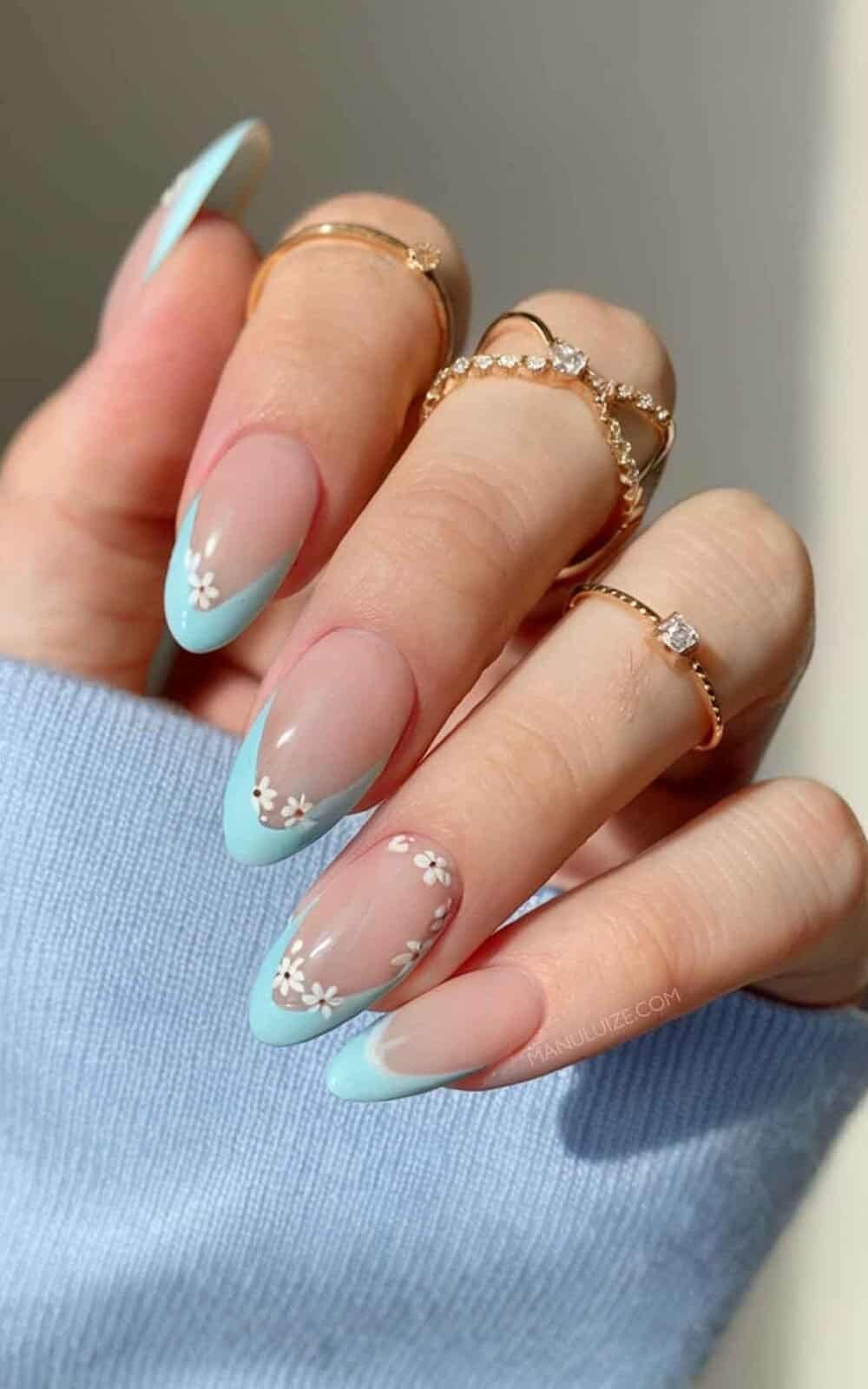 Sheer Pink Baby Blue French Floral Nails, нежно-голубой Sheer Pink Baby Blue French Floral Nails, нежно-голубой — Trendy Baby Blue Nails