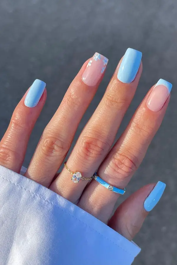 Baby Blue French Tip with Pink Floral Accent Nails and Medium Square Baby Blue French Tip with Pink Floral Accent Nails and Medium Square — Trendy Baby Blue Nails