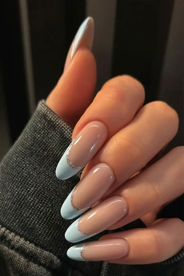 Long Oval Baby Blue Glitter Line French Tip Nails Long Oval Baby Blue Glitter Line French Tip Nails — Trendy Baby Blue Nails