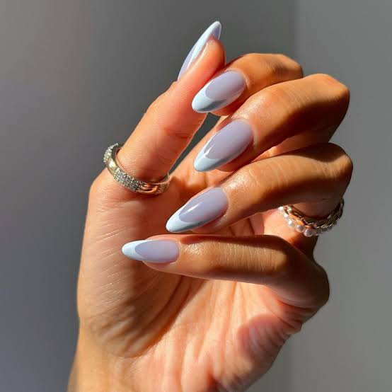 Medium Almond Pale Purple Baby Blue French Tips Medium Almond Pale Purple Baby Blue French Tips — Trendy Baby Blue Nails