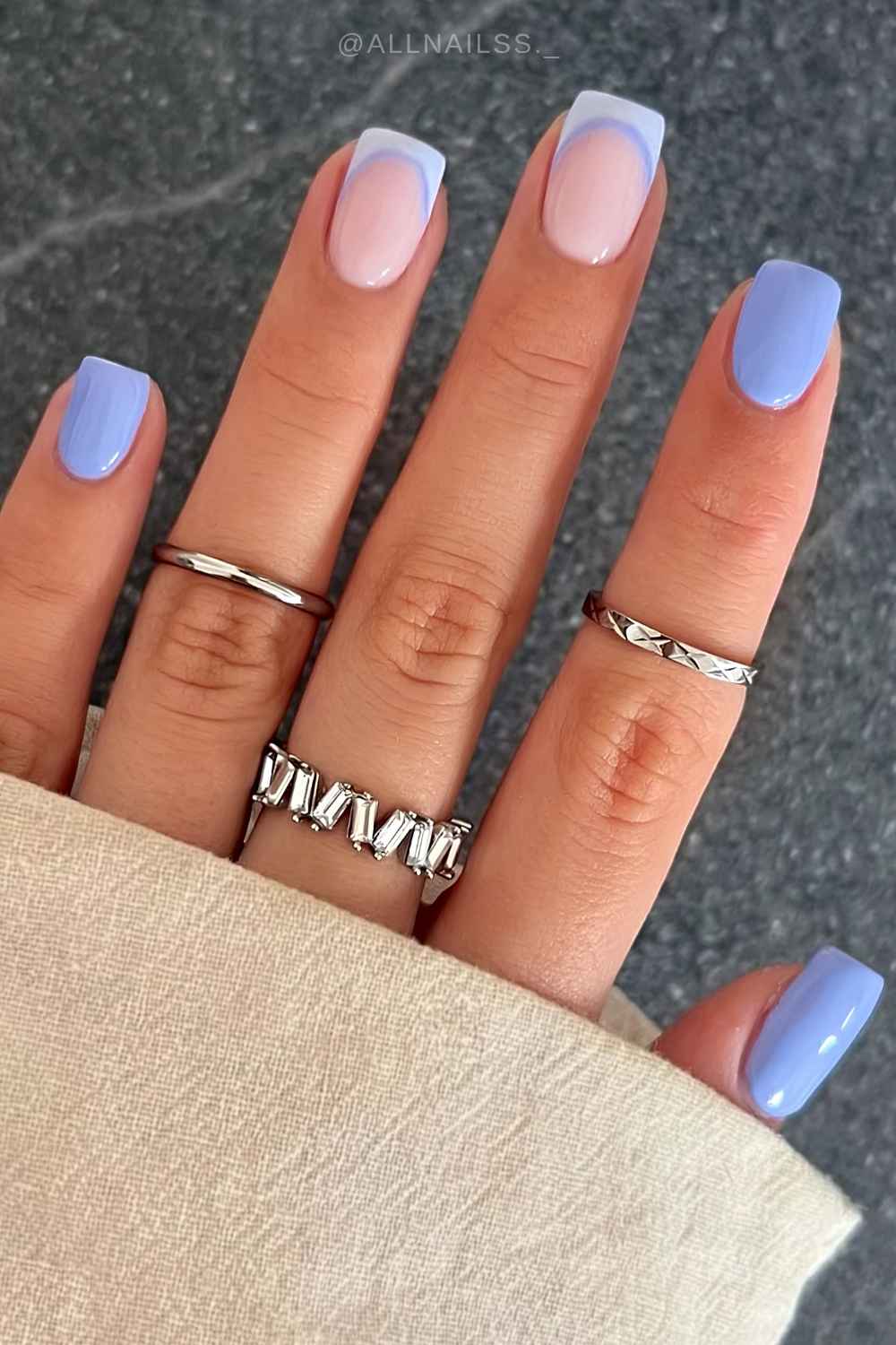 Short Square Pink Base Baby Blue French Tip Nails Short Square Pink Base Baby Blue French Tip Nails — Trendy Baby Blue Nails