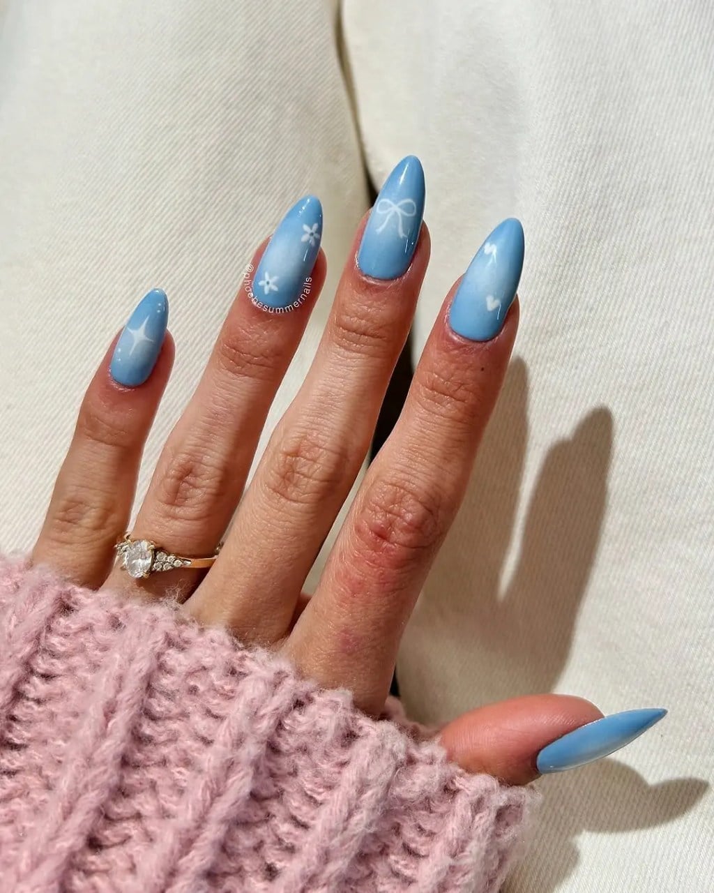 Long Almond Matte Baby Blue White Motif Nails Long Almond Matte Baby Blue White Motif Nails — Trendy Baby Blue Nails