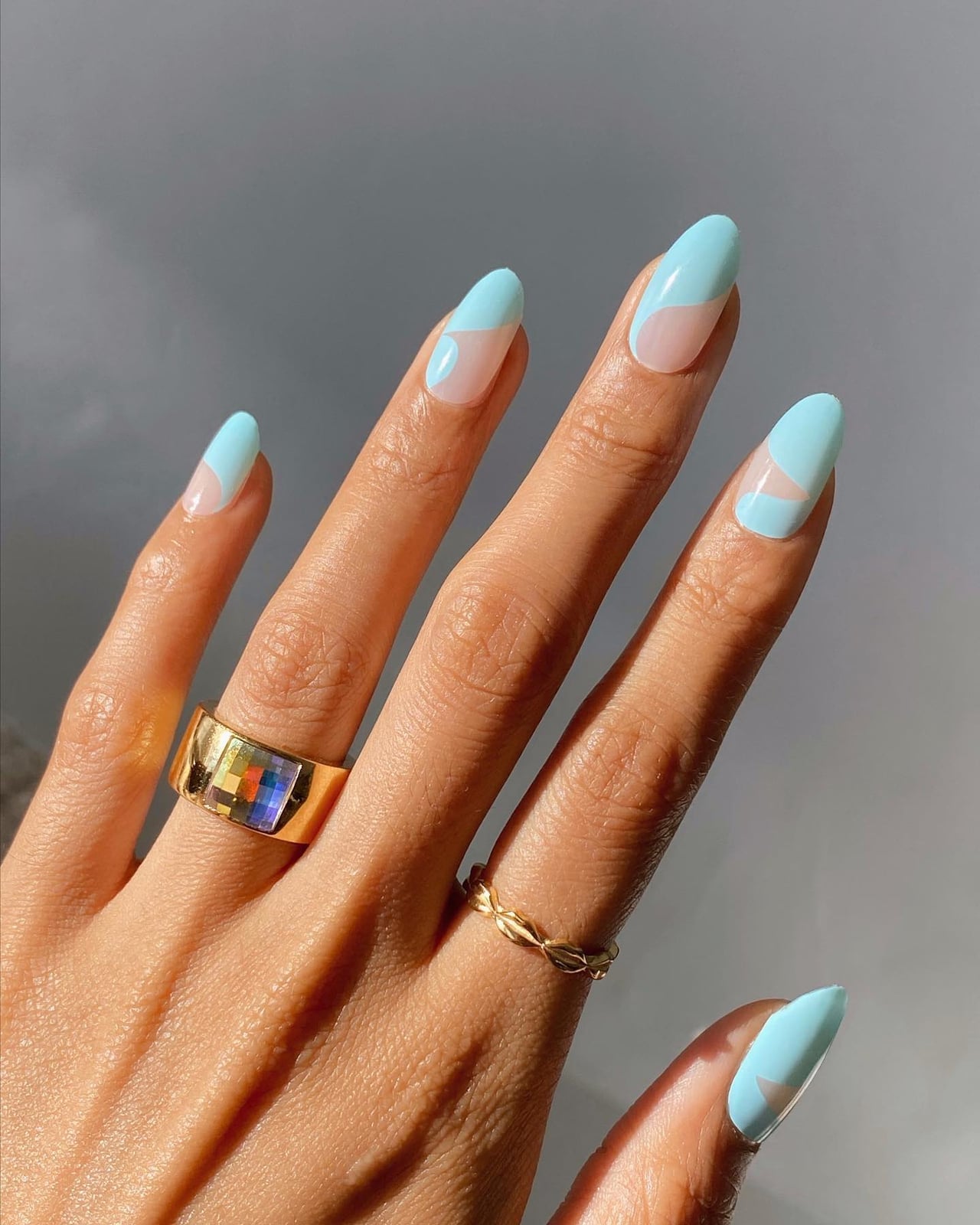Baby Blue Sheer Pink Color Block Almond Nails Baby Blue Sheer Pink Color Block Almond Nails — Trendy Baby Blue Nails