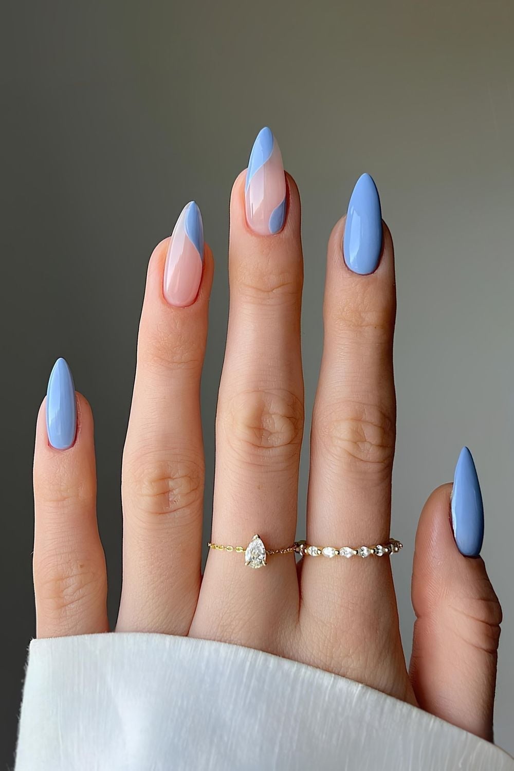 Sheer Pink Baby Blue Abstract French Tip Nails, Almond Sheer Pink Baby Blue Abstract French Tip Nails, Almond — Trendy Baby Blue Nails