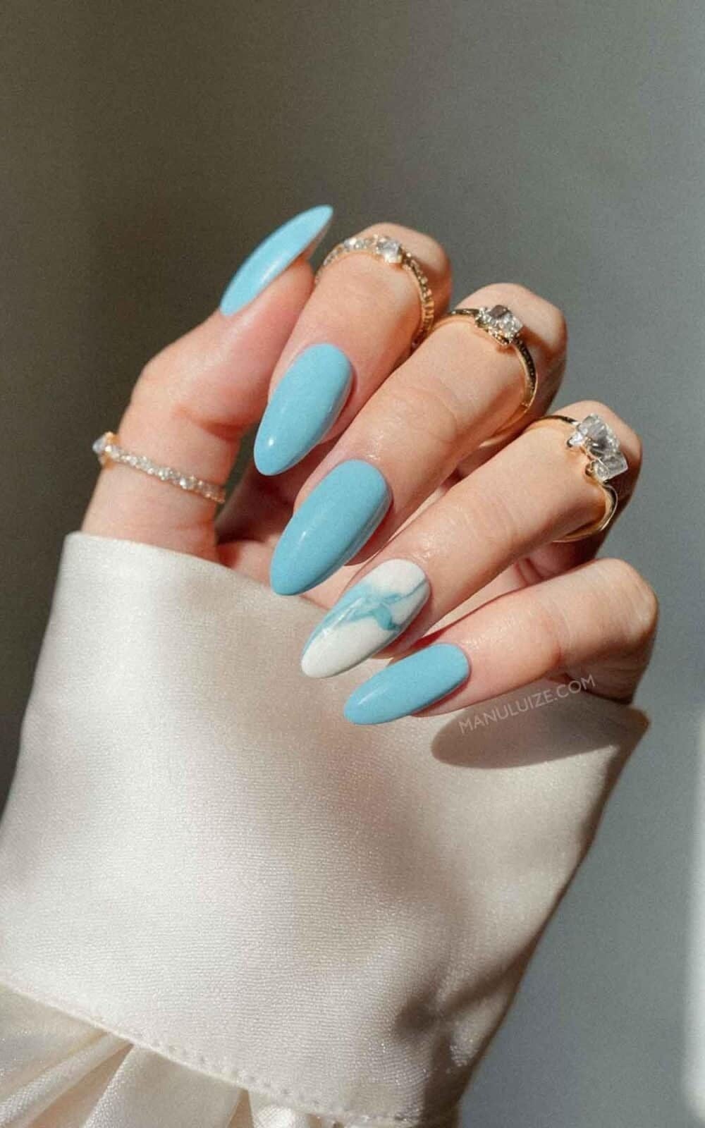 Solid Baby Blue Marble Accent Oval Nails Solid Baby Blue Marble Accent Oval Nails — Trendy Baby Blue Nails