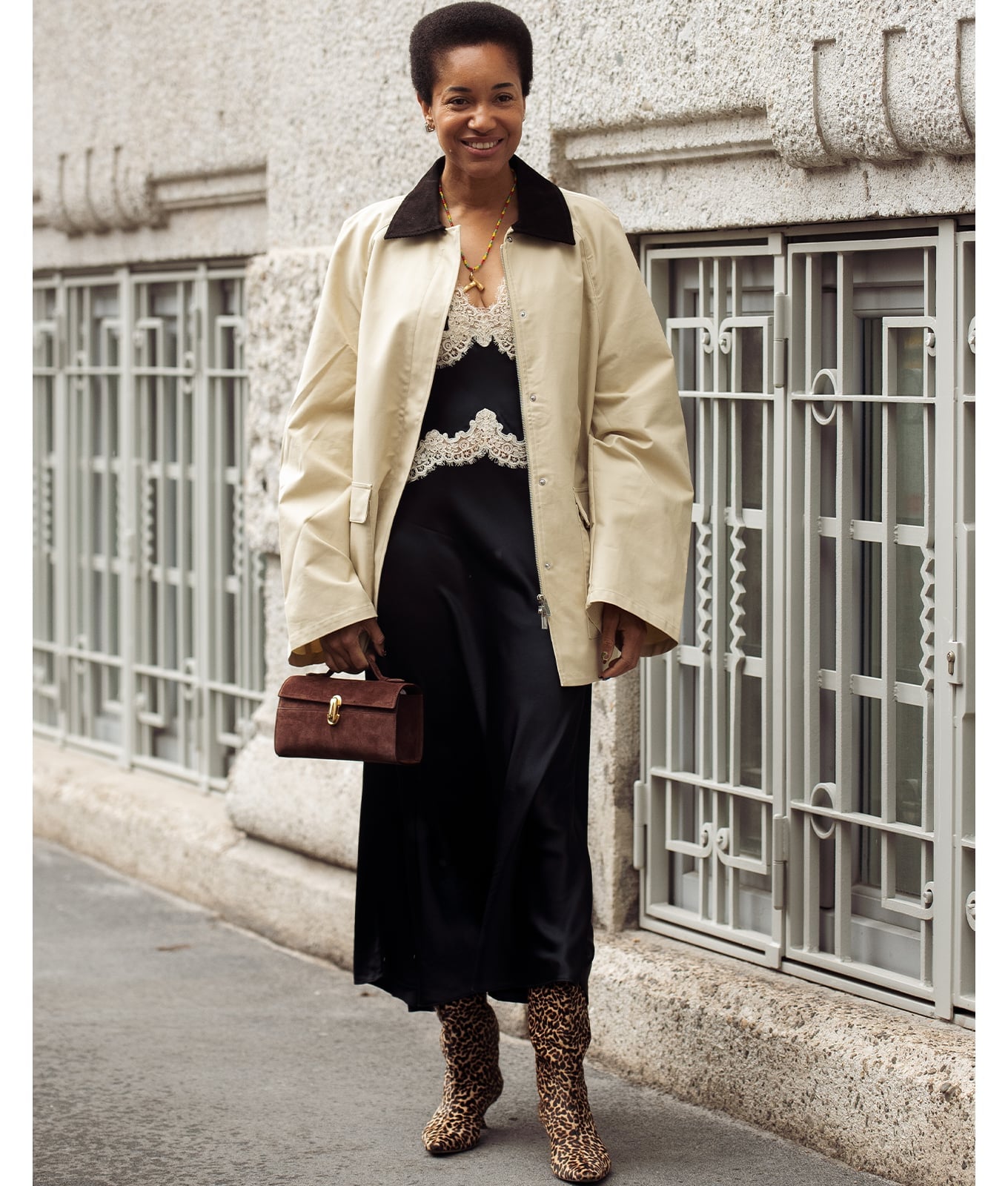 Beige Barn Jacket with Lace Trim Slip Dress Beige Barn Jacket with Lace Trim Slip Dress — Trendy Barn Jacket Outfit