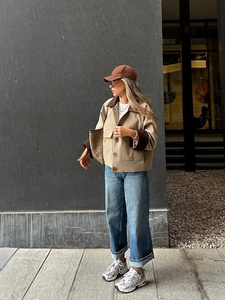Tan Barn Jacket with Brown Trim and Wide-Leg Jeans Tan Barn Jacket with Brown Trim and Wide-Leg Jeans — Trendy Barn Jacket Outfit