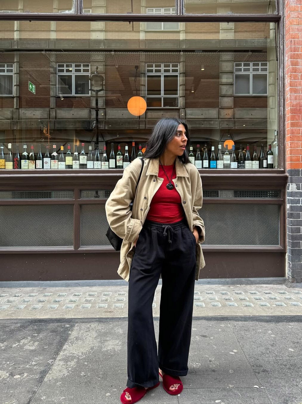 Tan Barn Jacket with Red Long-Sleeve Top Tan Barn Jacket with Red Long-Sleeve Top — Trendy Barn Jacket Outfit